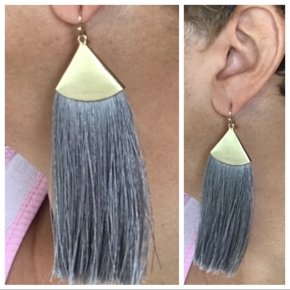 Gold and grey long tassel earrings